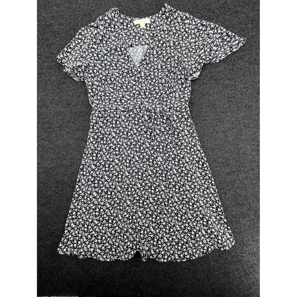 Monteau Los Angeles A-Line Dress Womens L Navy White Floral Cap Short Sleeve